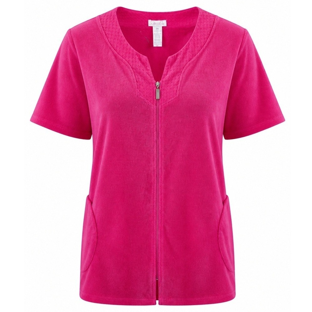 Jasmine Rose Zip Front VTG Robe Women 2X Pink Fleece Short Sleeve Loungewear
